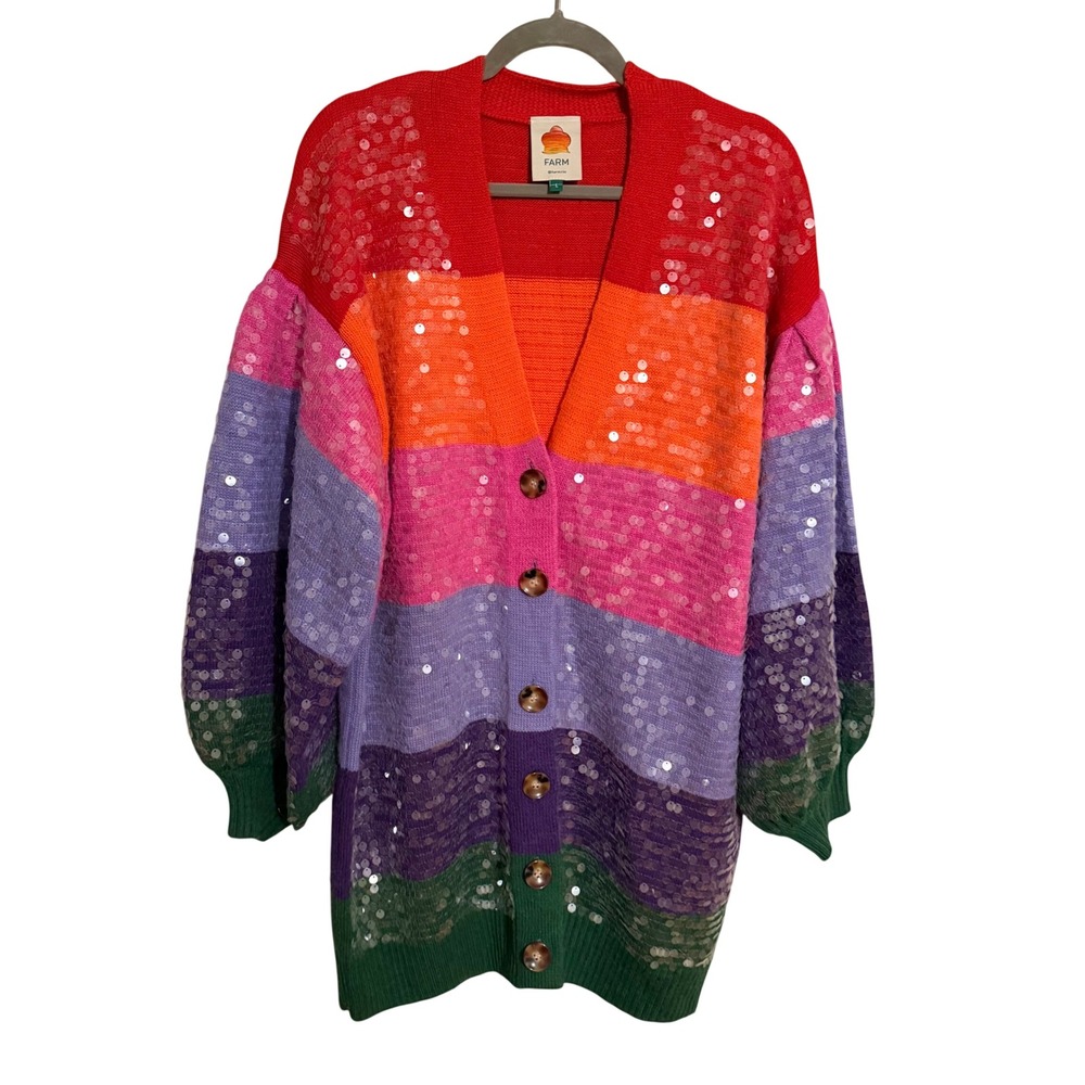 Farm Rio Rainbow Sequin Cardigan Sweater Large Wool Blend Puff Sleeve Longline